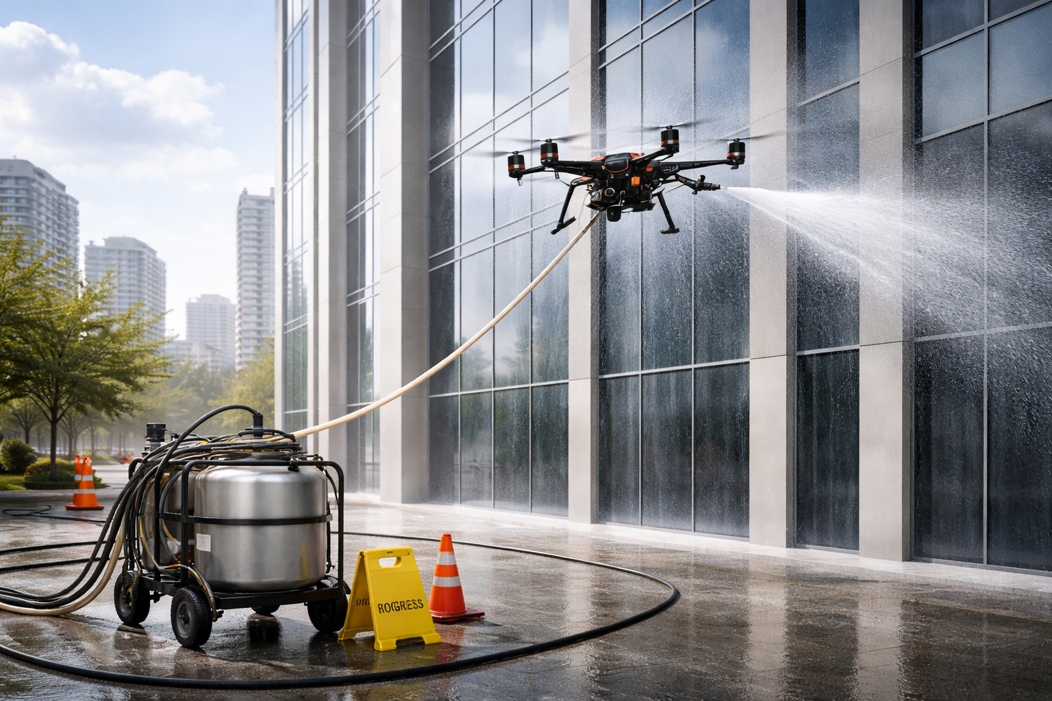 Un homme nettoie une grande porte vitrée d'un bâtiment moderne près de jardinières en pierre avec des fleurs.