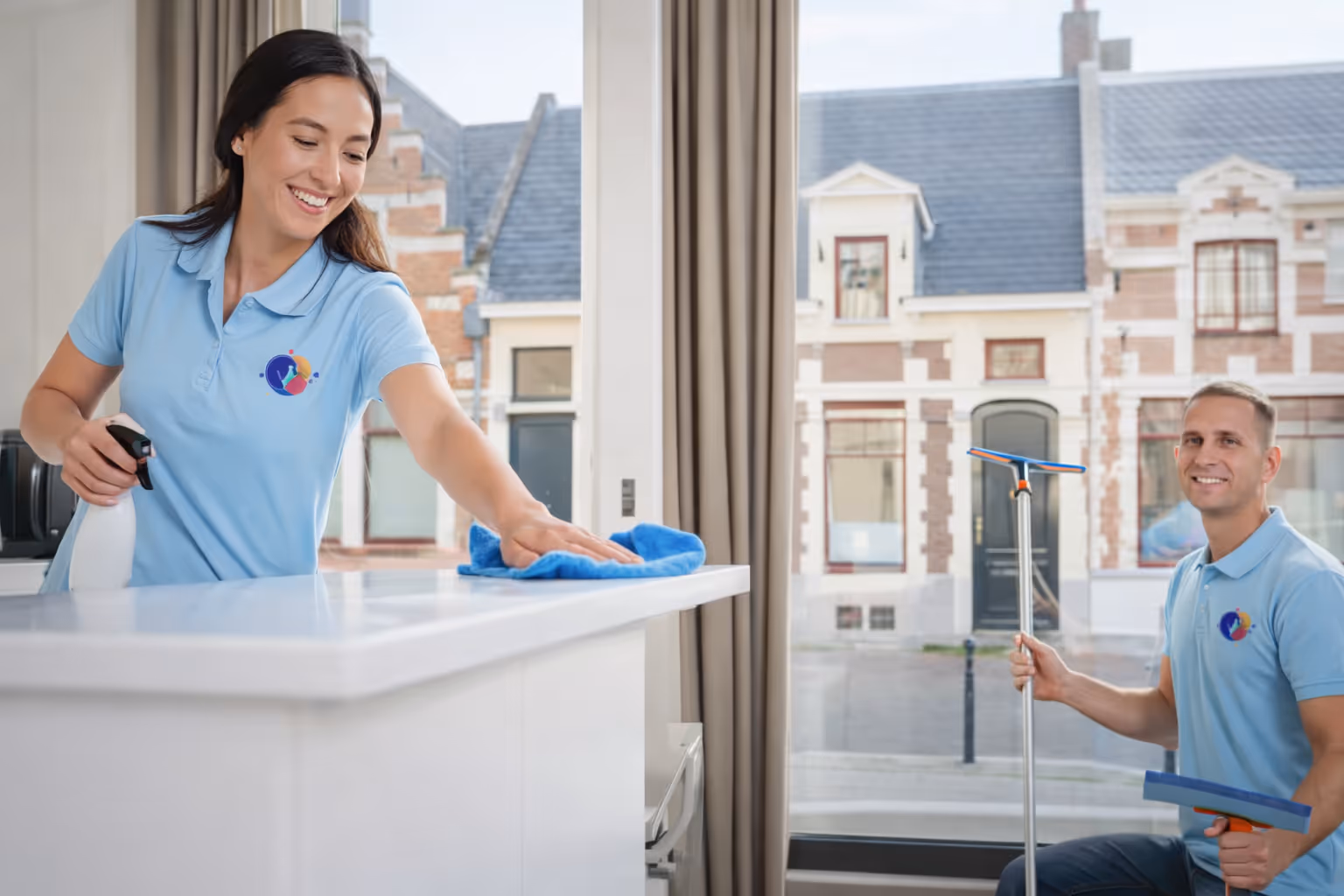 Deux professionnels du nettoyage portant des polos bleus nettoient une surface à l'intérieur devant une grande fenêtre avec vue sur des maisons.