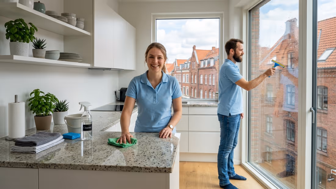 Deux professionnels du nettoyage en polo bleu, une femme essuyant une surface et un homme nettoyant une fenêtre.