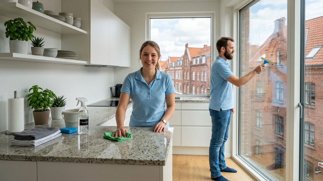 Deux professionnels du nettoyage en polo bleu, une femme essuyant une surface et un homme nettoyant une fenêtre.