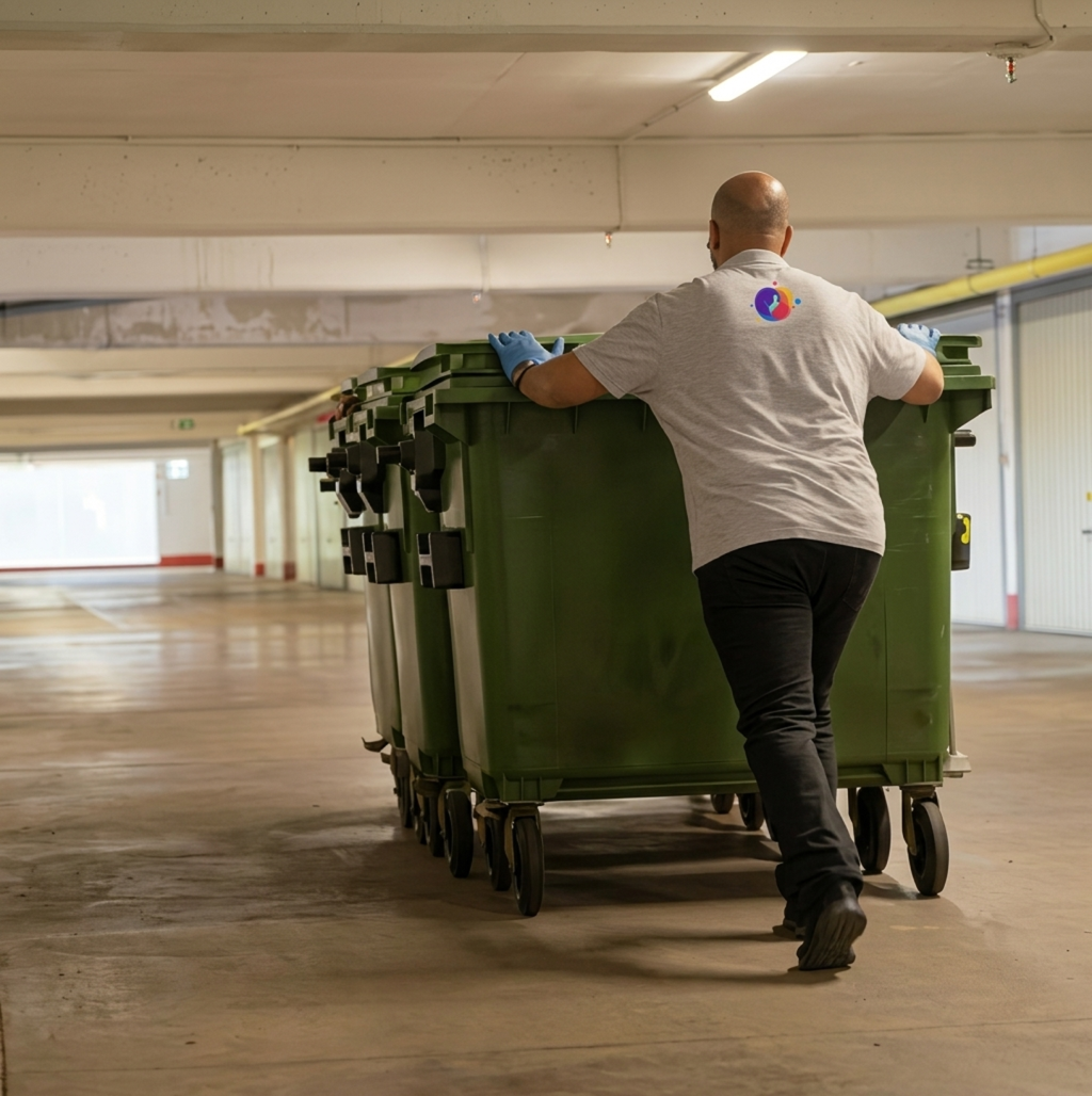 Un homme pousse plusieurs grands bacs à ordures verts dans un parking souterrain.