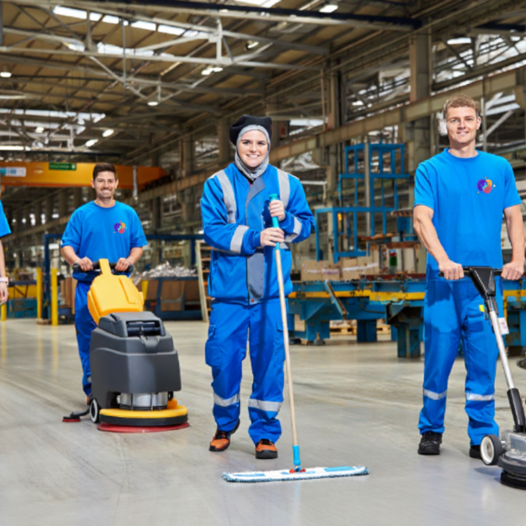 Travailleurs en uniforme bleu nettoyant le sol d'une grande usine avec des machines et balais.
