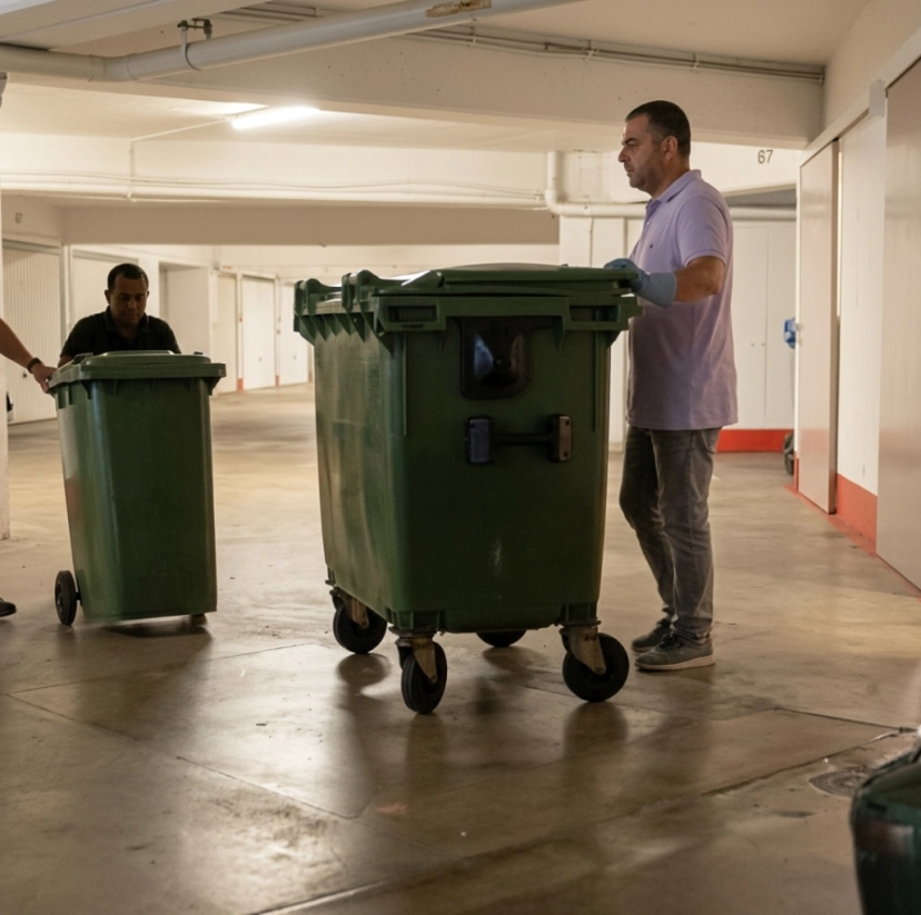 Un homme pousse trois grandes poubelles à roulettes dans un parking souterrain mal éclairé.