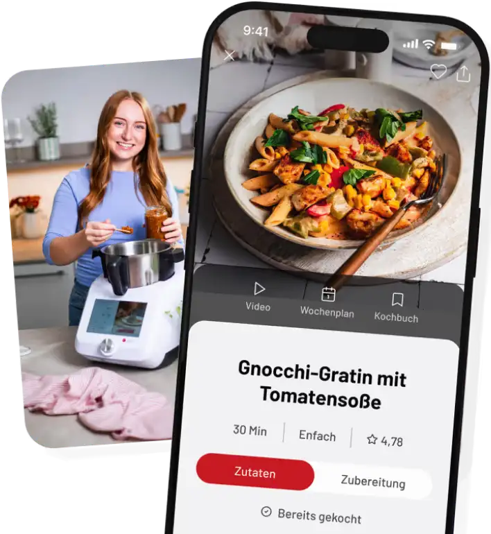 App screen showing a recipe for Gnocchi-Gratin with tomato sauce with a photo of a pasta dish and options for video, weekly plan, and cookbook, next to a woman in a kitchen preparing food with a cooking appliance.