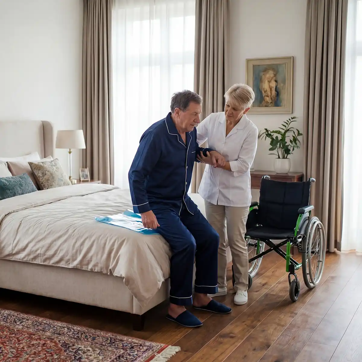 Verpleegkundige helpt oudere man in donkerblauw nachtkleding opstaan uit bed naast een rolstoel in een lichte slaapkamer.