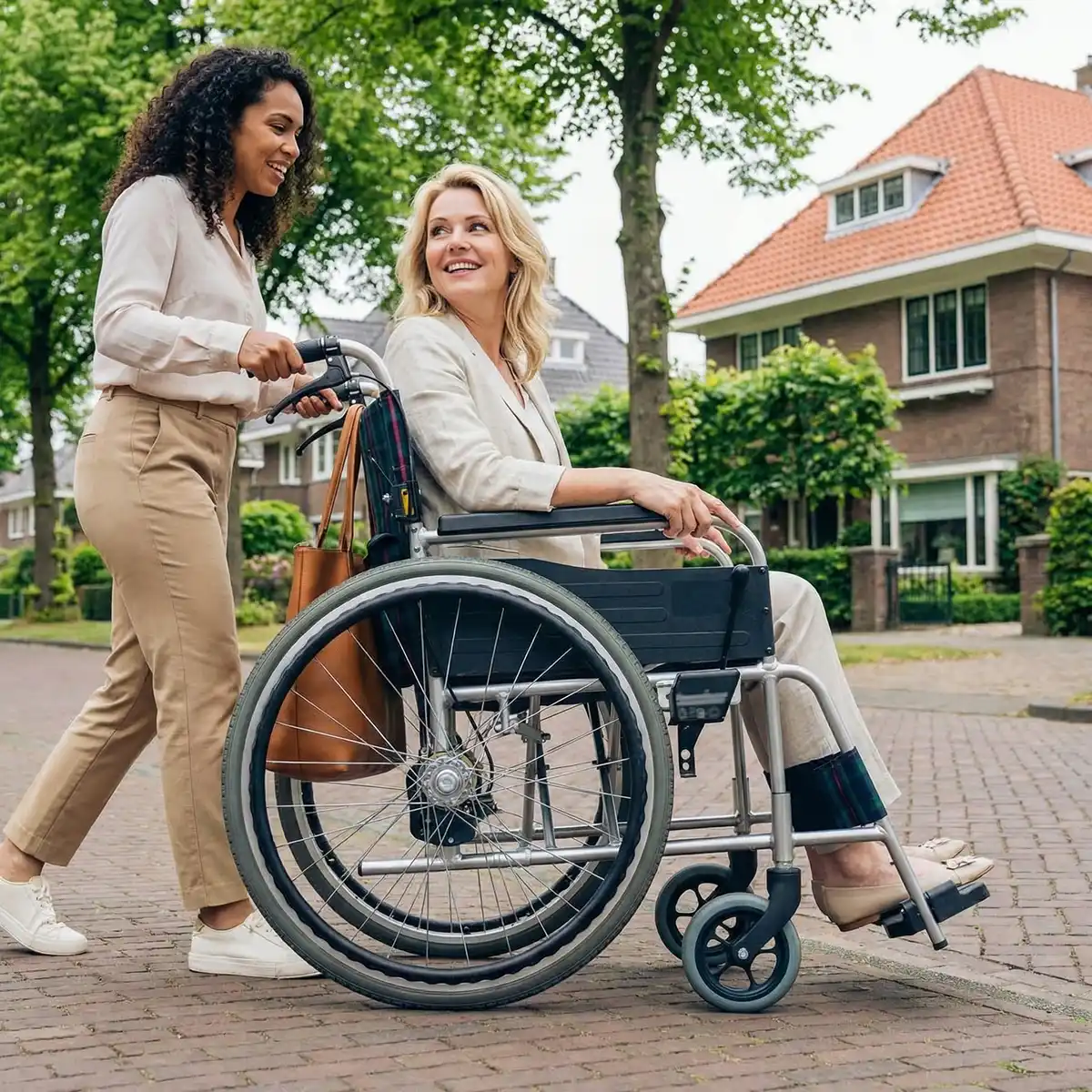 Vrouw in rolstoel lacht terwijl ze wordt voortgeduwd door een vrouw die buiten wandelt in een woonwijk.