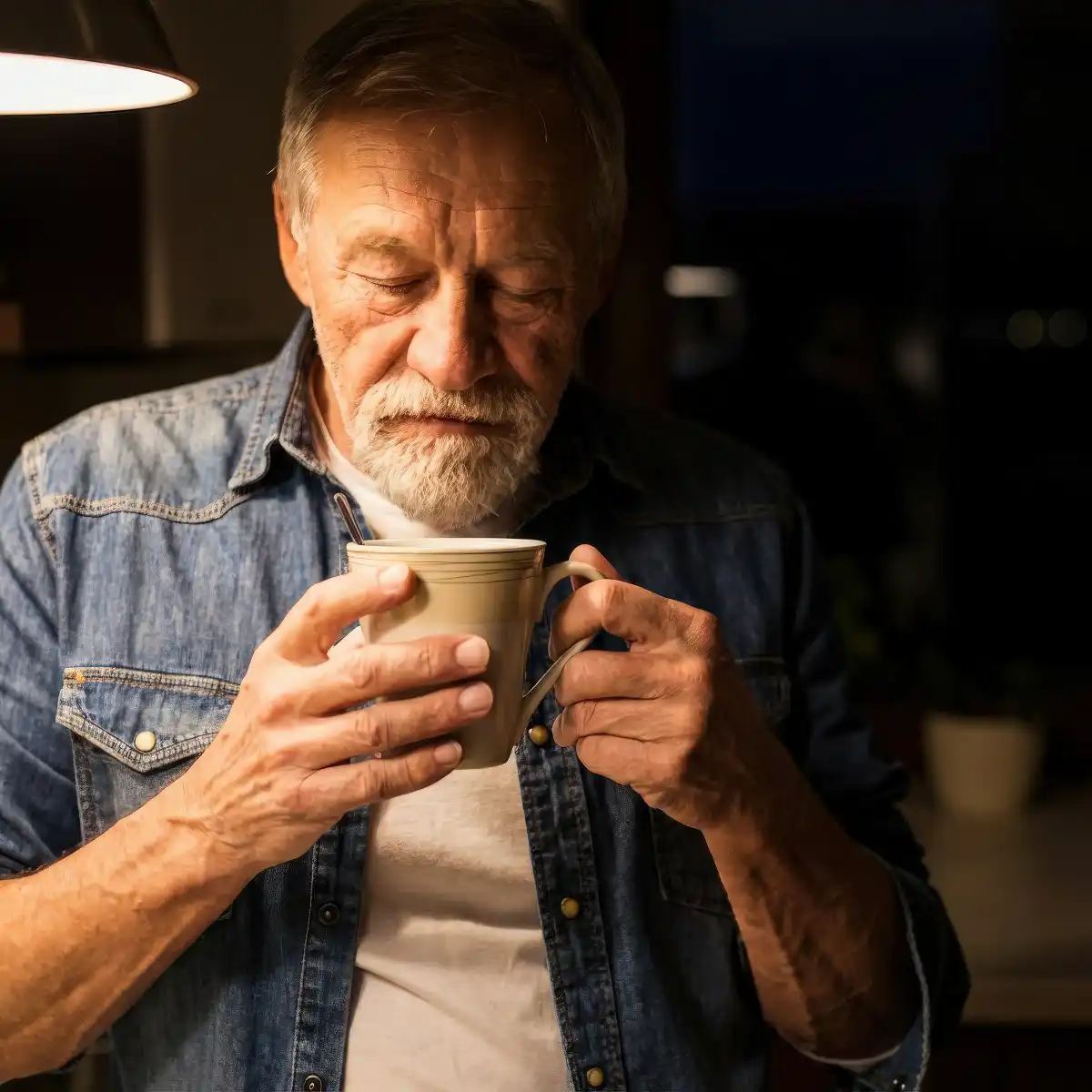 Oudere man in een spijkerjack die in een donkere kamer rustig geniet van een warme drank uit een mok.