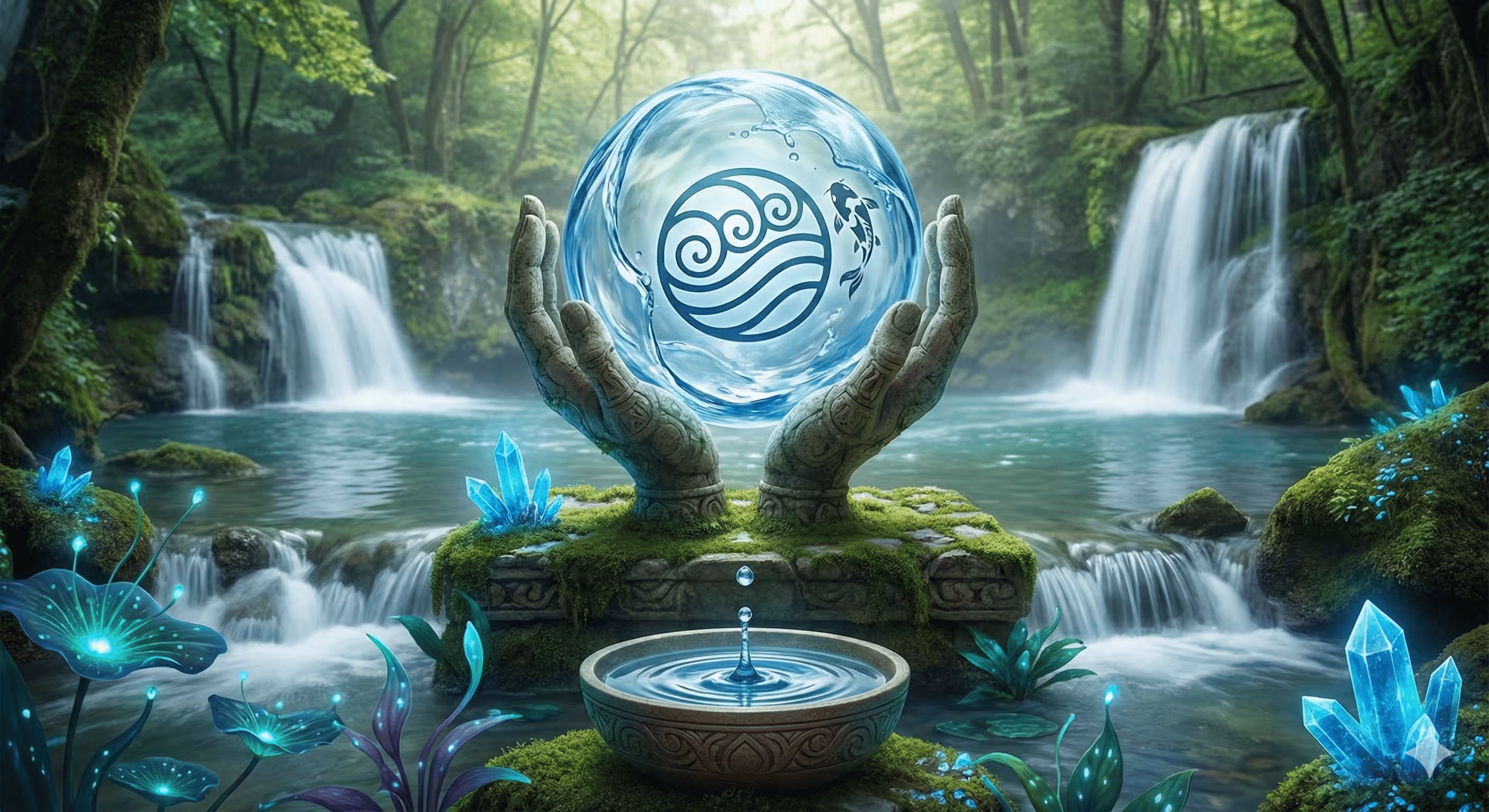 Mystischer Wald mit zwei Wasserfällen, einem steinernen Paar Hände, die eine Wasserblase mit einem Wasserzeichensymbol halten, und leuchtenden blauen Kristallen und Pflanzen.