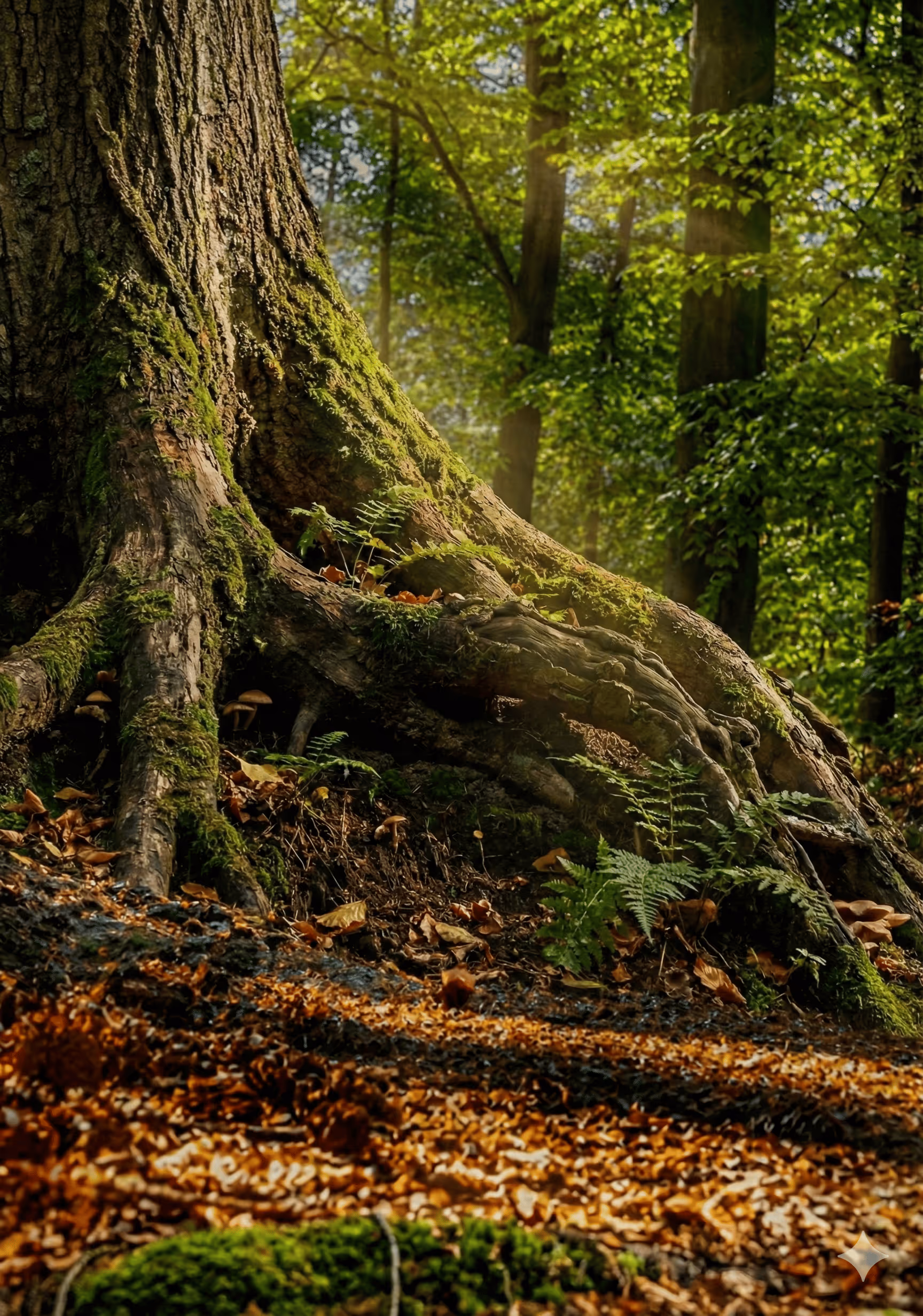 Nahaufnahme eines Baumstamms mit Moos und Wurzeln in einem sonnendurchfluteten Wald mit Farnen und Laub auf dem Boden.