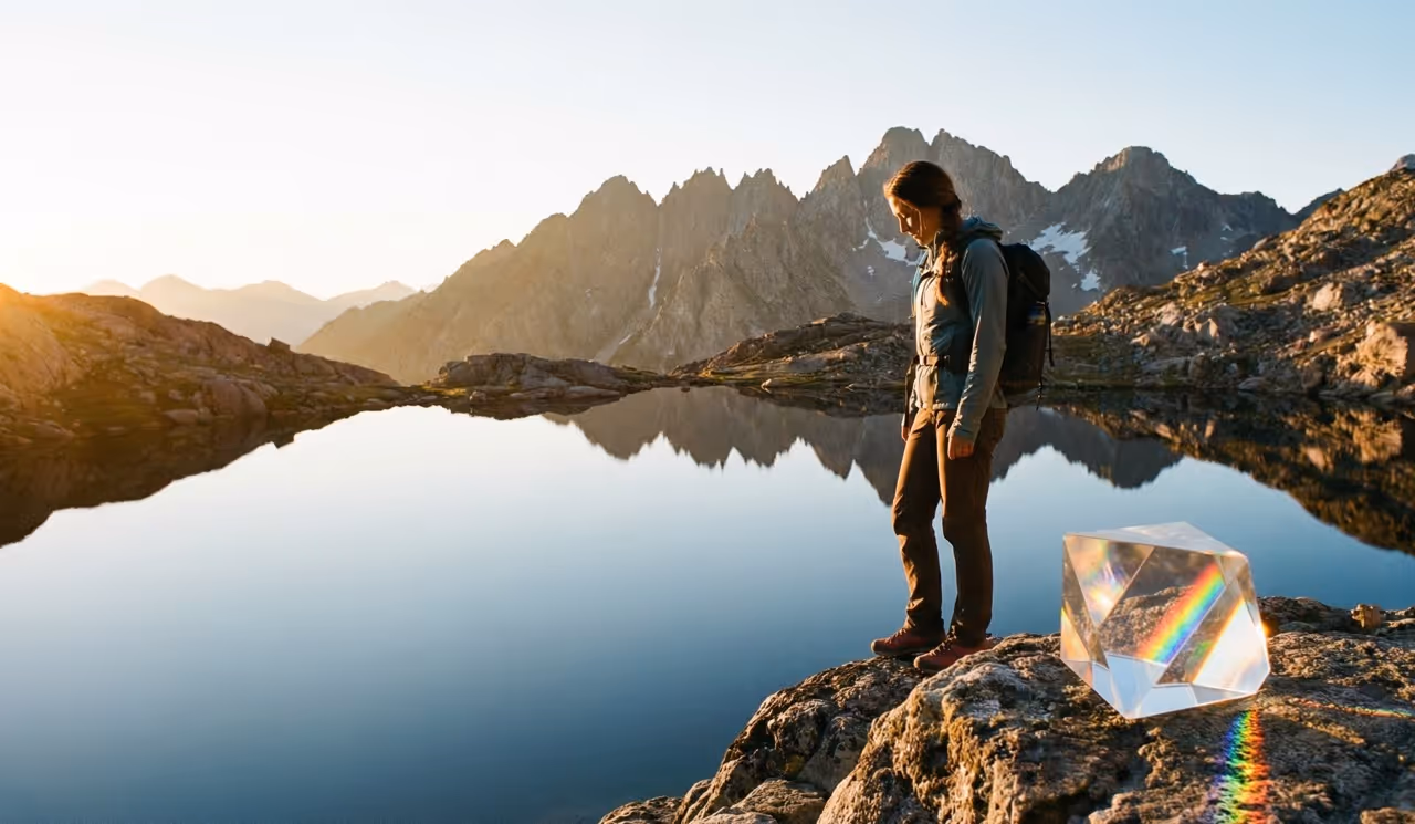 Frau mit Rucksack steht auf Felsen neben einem klaren Bergsee mit Reflexion von Bergen und Sonnenlicht, nahe einem Kristall, der einen Regenbogen wirft.