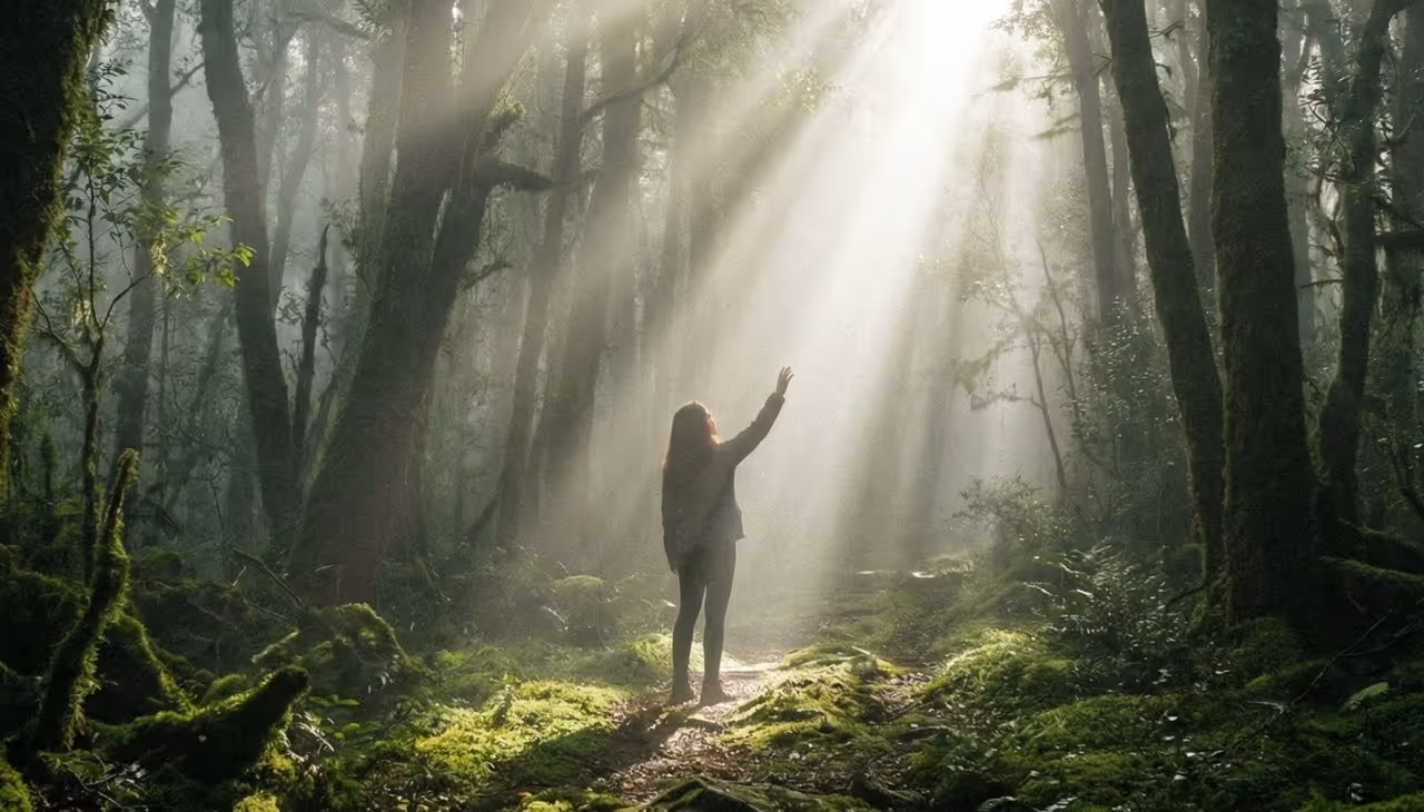 Person, die im Wald steht und Hand zu Sonnenstrahlen hebt, die durch die Bäume scheinen.