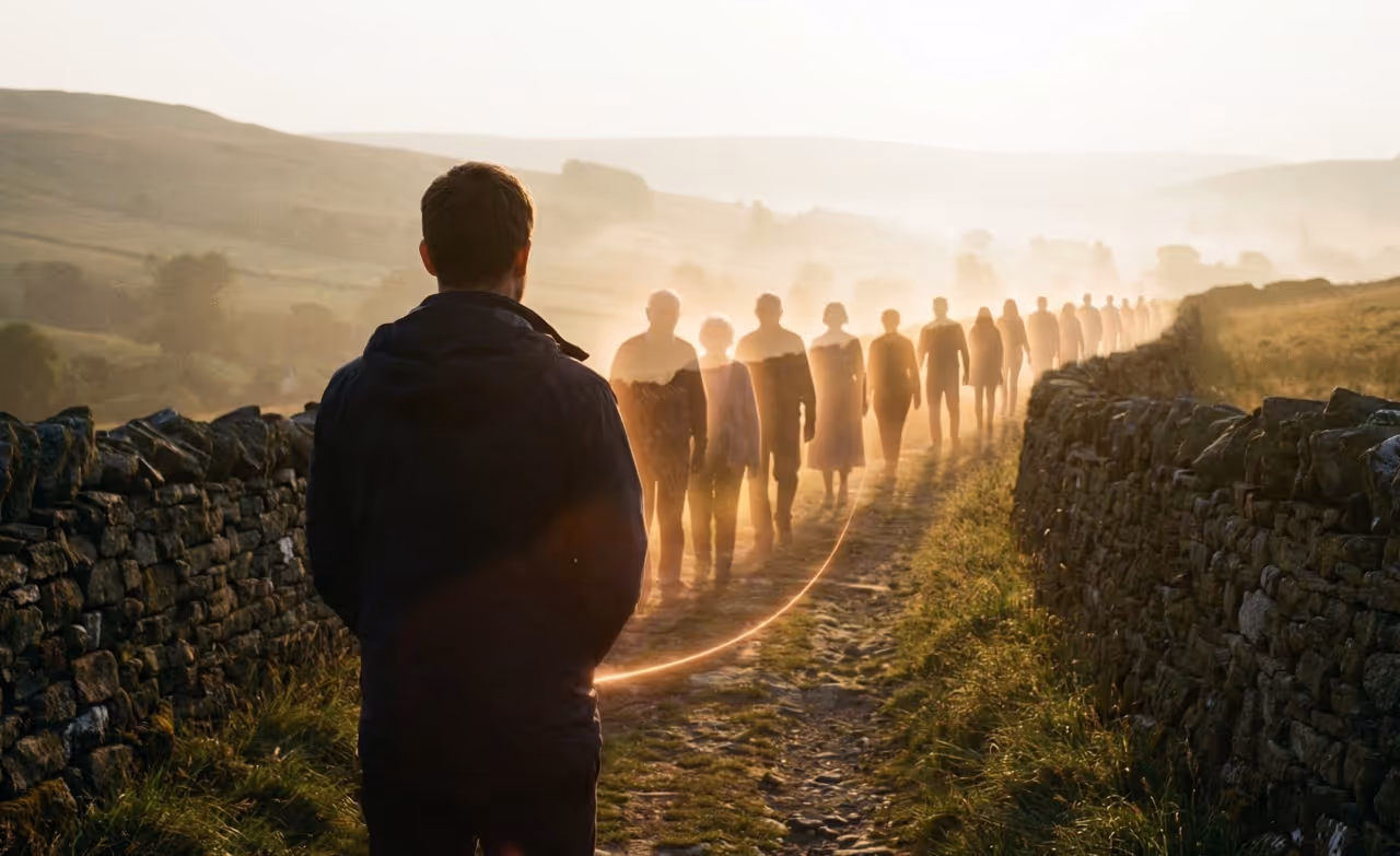 Ein Mann steht an einem Weg zwischen Steinmauern, hinter ihm scheinen geisterhafte Silhouetten von Menschen in einer Linie zu folgen.