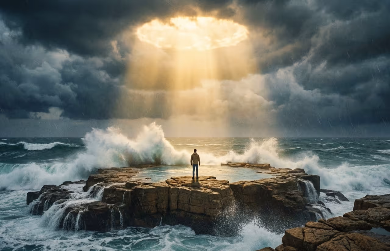 Person steht auf felsiger Klippe im stürmischen Meer, umgeben von hohen Wellen und Sonnenstrahlen durchbrechen dunkle Wolken.