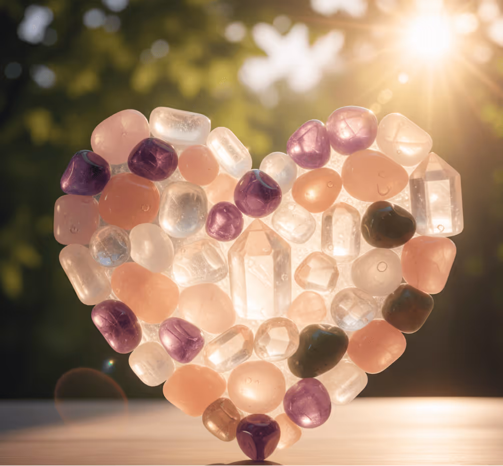 Herzform aus transparenten, rosa, violetten und schwarzen Edelsteinen vor verschwommenem Hintergrund mit Sonnenlicht.