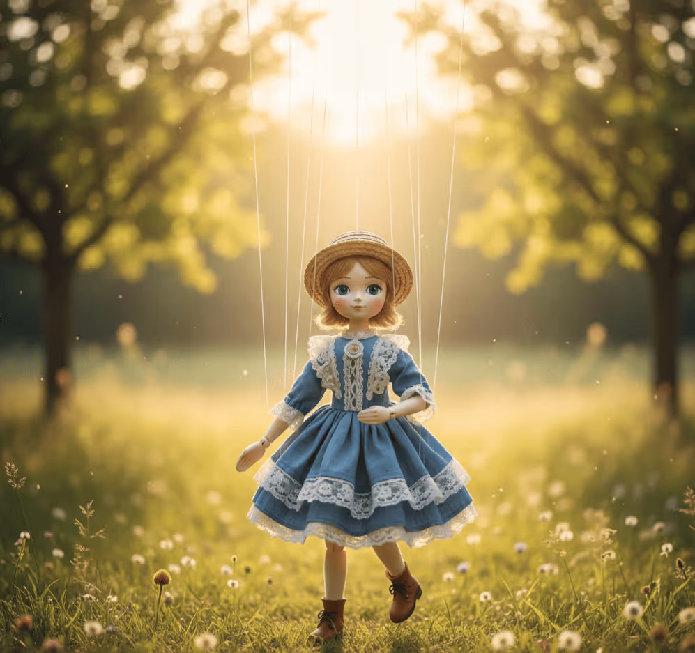 Eine Holzpuppe mit blauem Kleid, Strohhut und braunen Stiefeln hängt als Marionette an Fäden im Sonnenlicht auf einer Wiese.