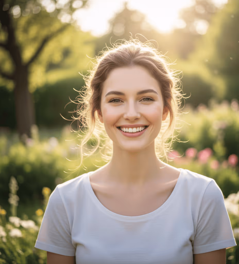 Junge Frau mit hellem T-Shirt lächelt vor einem sonnenbeschienenen Garten mit grünen Pflanzen und Blumen.