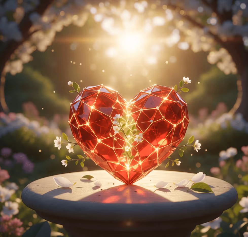 Rotes, facettiertes Herz aus Glas mit leuchtenden goldenen Verbindungen und kleinen weißen Blüten, die an einem Steinsockel stehen, mit Sonnenlicht im Hintergrund.