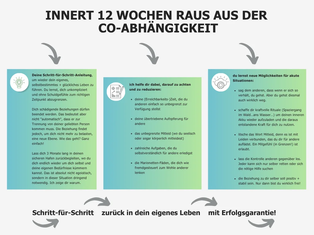 Programmablauf zur Überwindung von Co-Abhängigkeit in 12 Wochen mit drei Schritten: Schritt-für-Schritt-Anleitung, Hilfe zur Reduktion von Überforderung und neuen Strategien für akute Situationen.