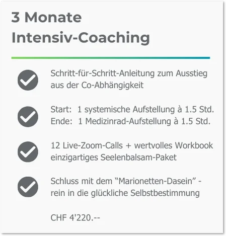 Details zu einem 3 Monate Intensiv-Coaching mit schrittweiser Anleitung zum Ausstieg aus Co-Abhängigkeit, systemischen Aufstellungen, Live-Zoom-Calls mit Workbook und dem Preis von CHF 4'220.--.