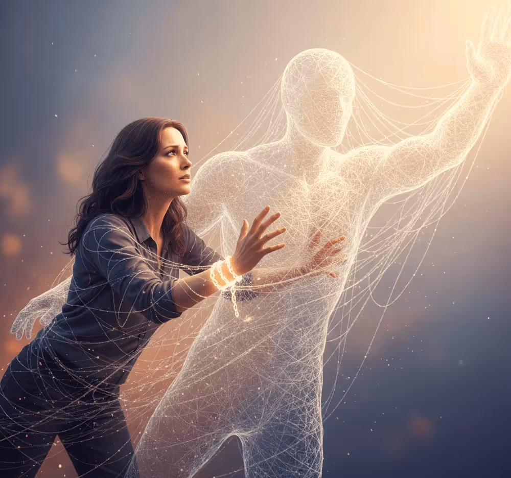 Frau, die eine leuchtende, menschliche Silhouette aus einem Netzwerk von Fäden berührt, die nach vorne greift.