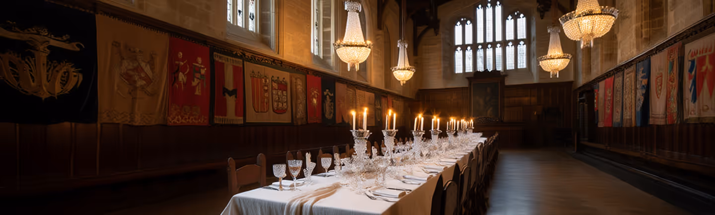 Long, elegantly set banquet table with lit candles in a grand hall featuring stained glass windows and banners on the walls.