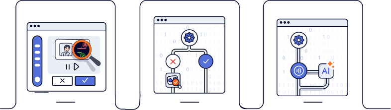 validation manuelle d'une vidéo, analyse automatique avec croix et coche, puis intégration d'intelligence artificielle.