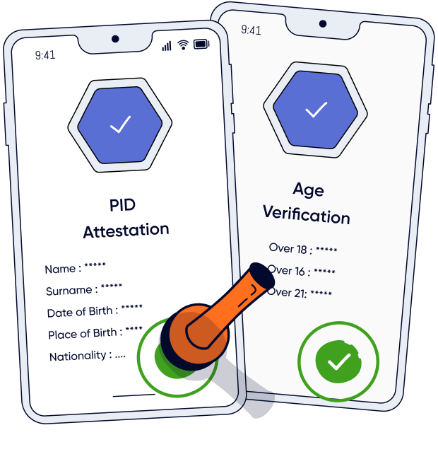 Illustration of two smartphones showing PID attestation with personal info and age verification with check marks, and a stamp marking approval.