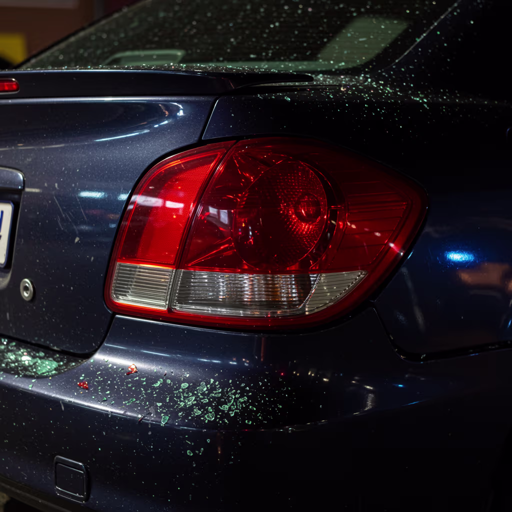 Ein beschädigtes Auto steht nachts am Straßenrand nach einer Fahrerflucht. Die hintere Stoßstange ist eingedrückt, ein Rücklicht zerbrochen und Glassplitter liegen auf der Straße. Straßenlaternen beleuchten die Szene, während Reifenspuren vom Unfallort wegführen.