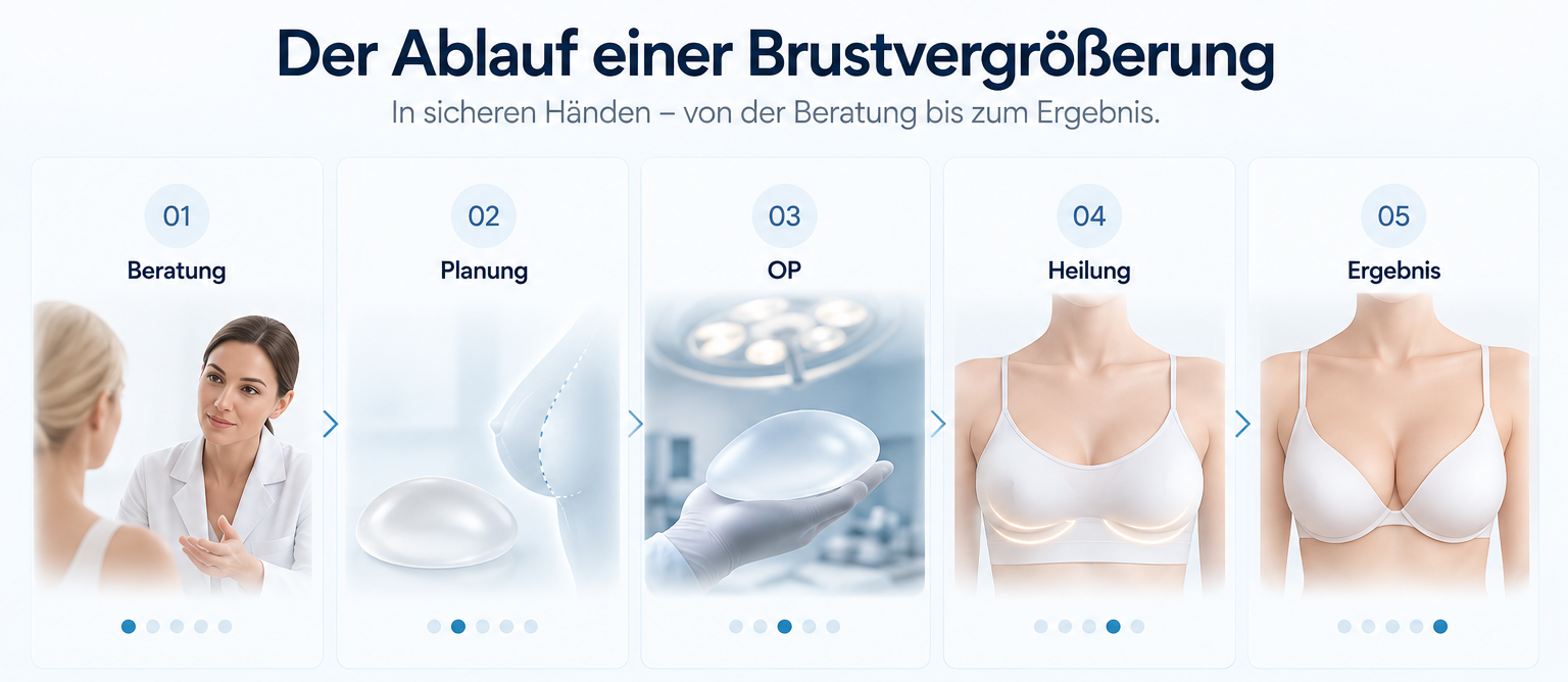 Ablauf einer Brustvergrößerung in fünf Schritten: Beratung, Planung, Operation, Heilung und Ergebnis.