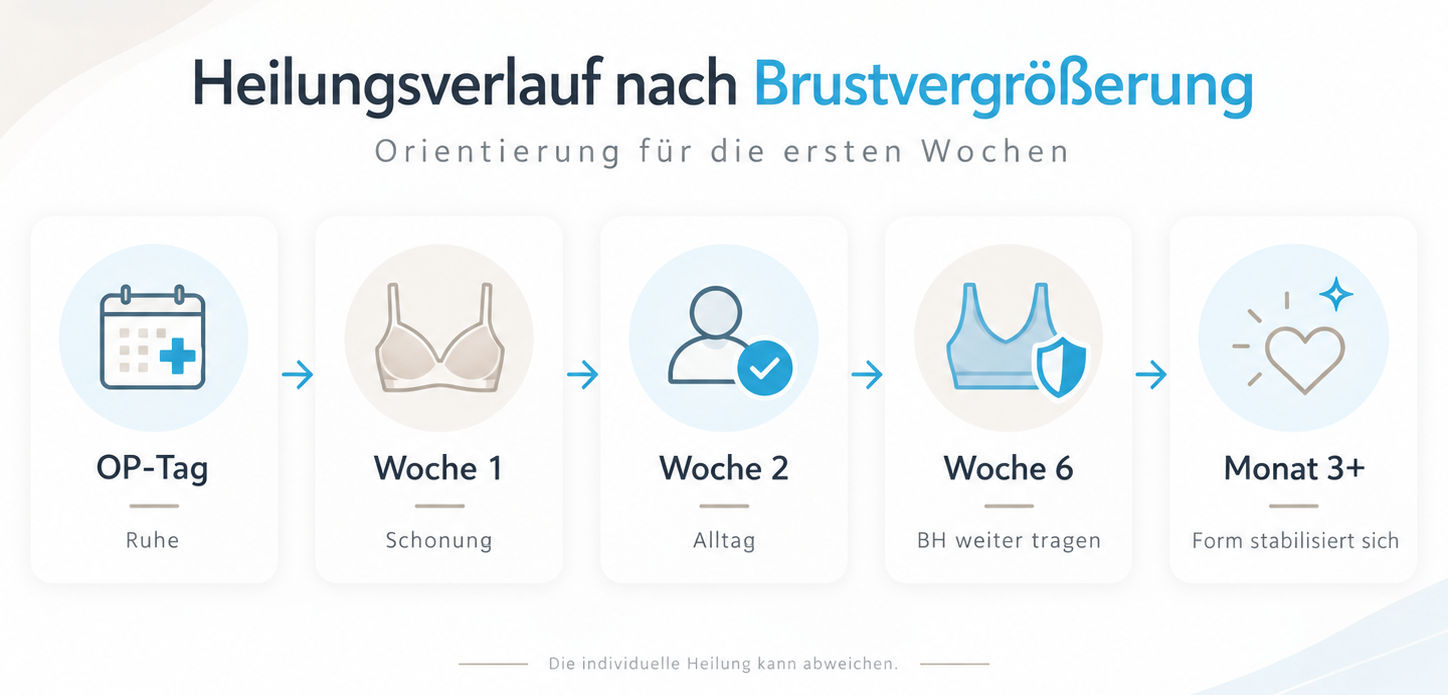 Infografik zum Heilungsverlauf nach einer Brustvergrößerung mit Stationen vom OP-Tag bis zum dritten Monat und darüber hinaus.