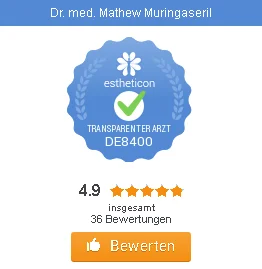 Estheticon-Bewertungssiegel für Dr. med. Mathew Muringaseril mit 4,9 Sternen aus 36 Bewertungen laut Abbildung.