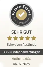 ProvenExpert-Bewertungssiegel für Schwaben Aesthetic: Sehr gut, 336 Kundenbewertungen, Stand der Abbildung 4. Juli 2025.