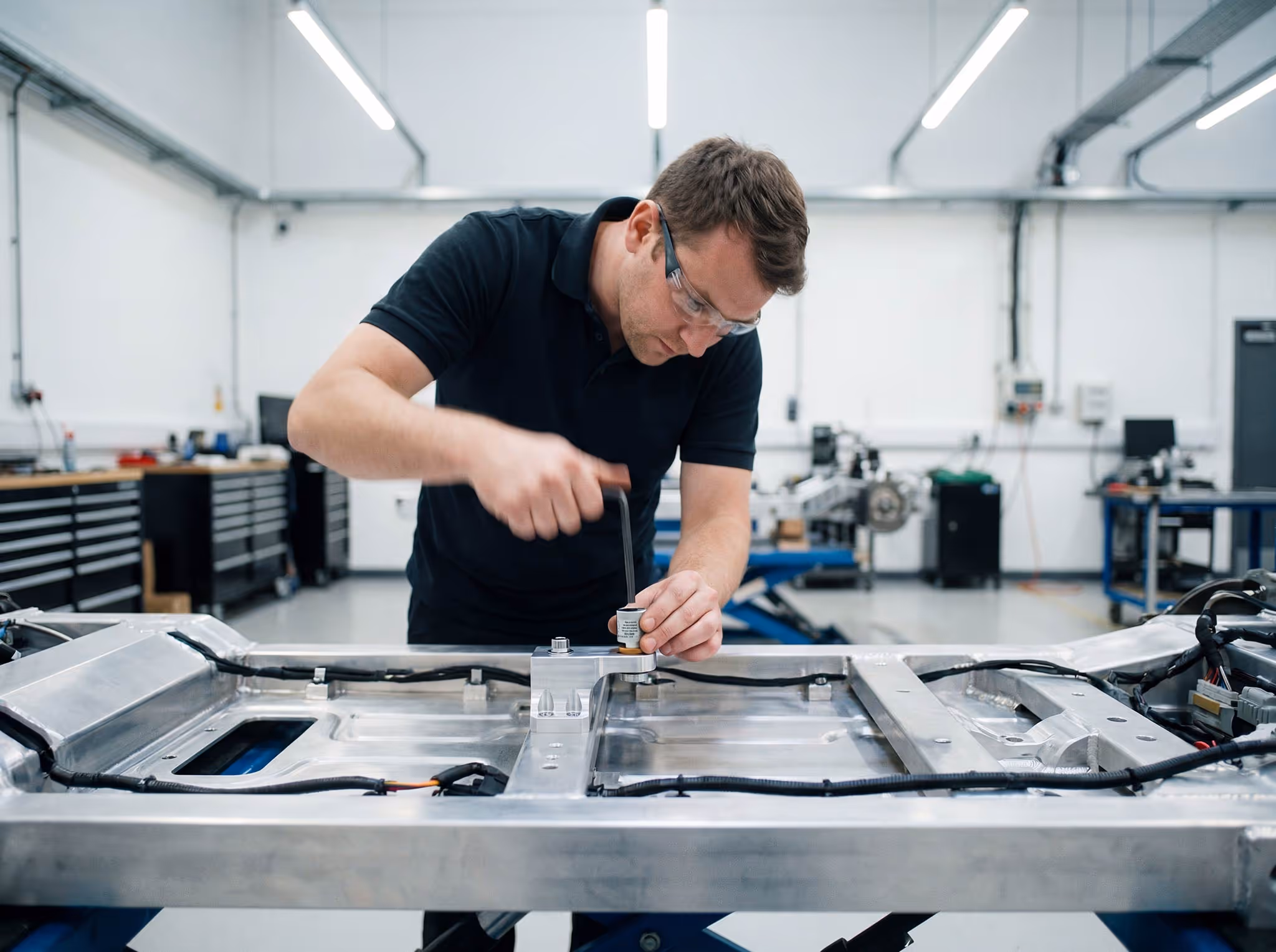 Engineer wearing safety glasses working on a large metal frame with wiring, using a tool in a well-lit industrial workshop.