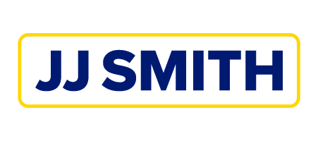 JJ SMITH in bold dark blue uppercase letters inside a yellow rectangular outline on black background.