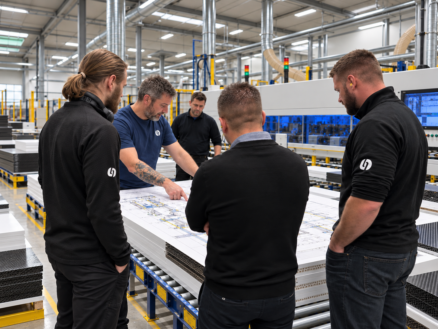 Engineers planning around a value stream map on a factory floor.