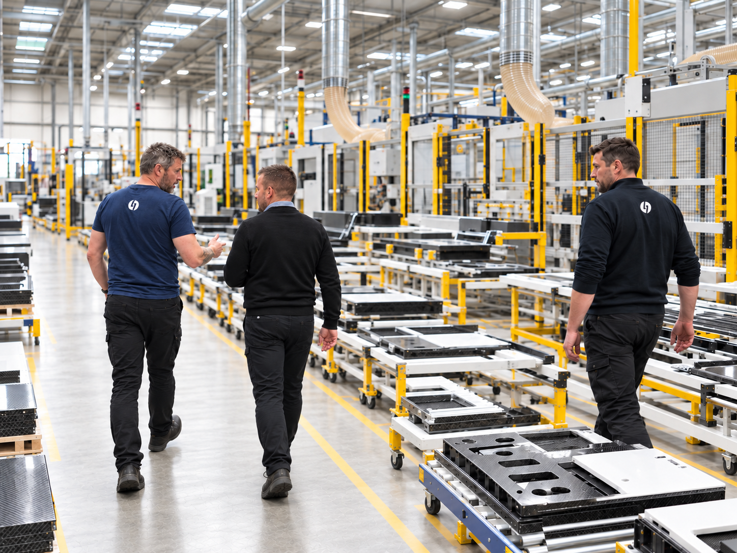 Engineers walking the floor of a modern factory together.