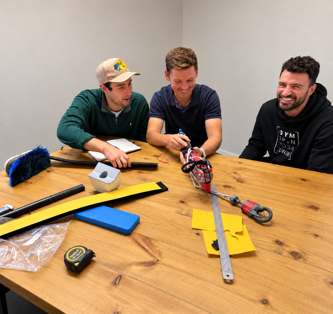 Three people laughing around a workshop table covered in prototype parts and tools, as one of them works on a component.