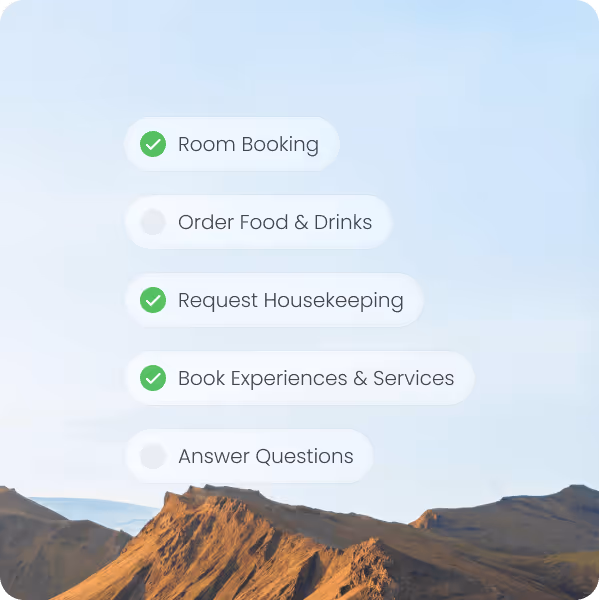 Checklist with four completed items: Room Booking, Request Housekeeping, Book Experiences & Services, and two incomplete items: Order Food & Drinks, Answer Questions, over a mountain landscape background.