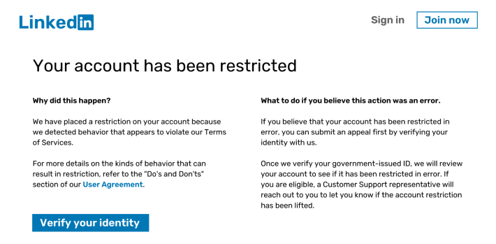 LinkedIn account restricted