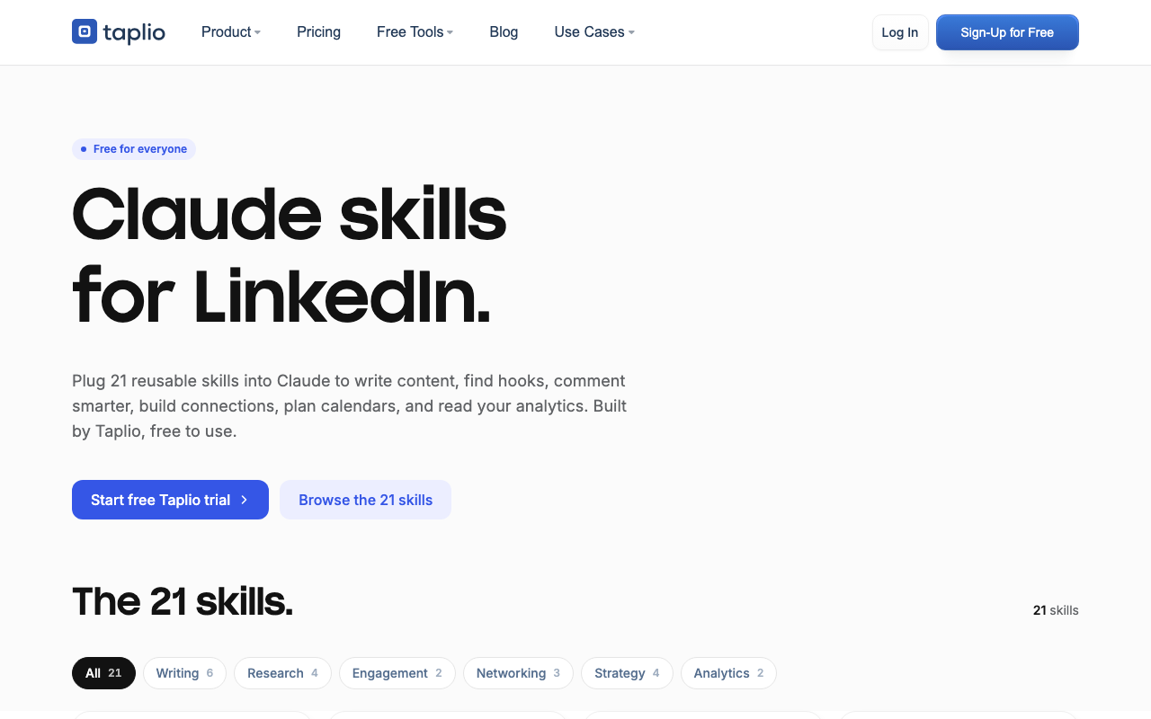 Taplio's free Claude Skills for LinkedIn library