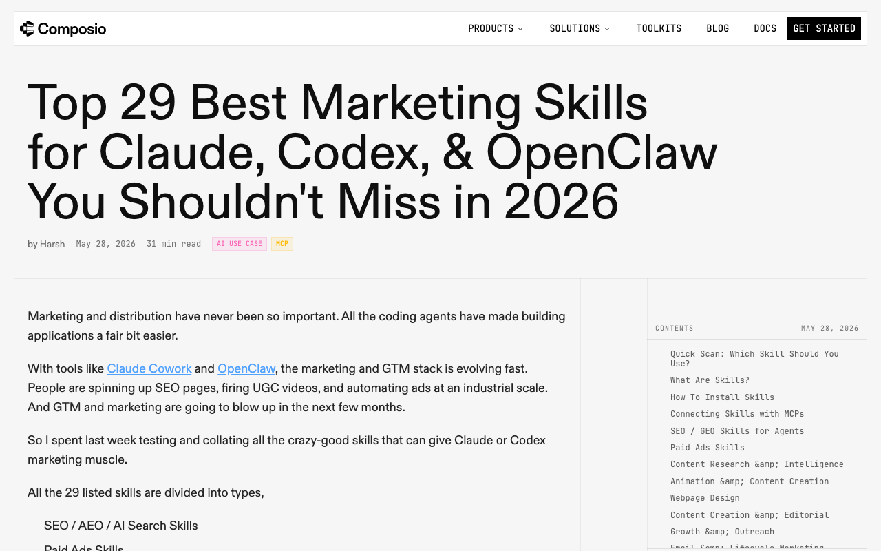 Roundups like Composio's catalog dozens of Claude marketing skills