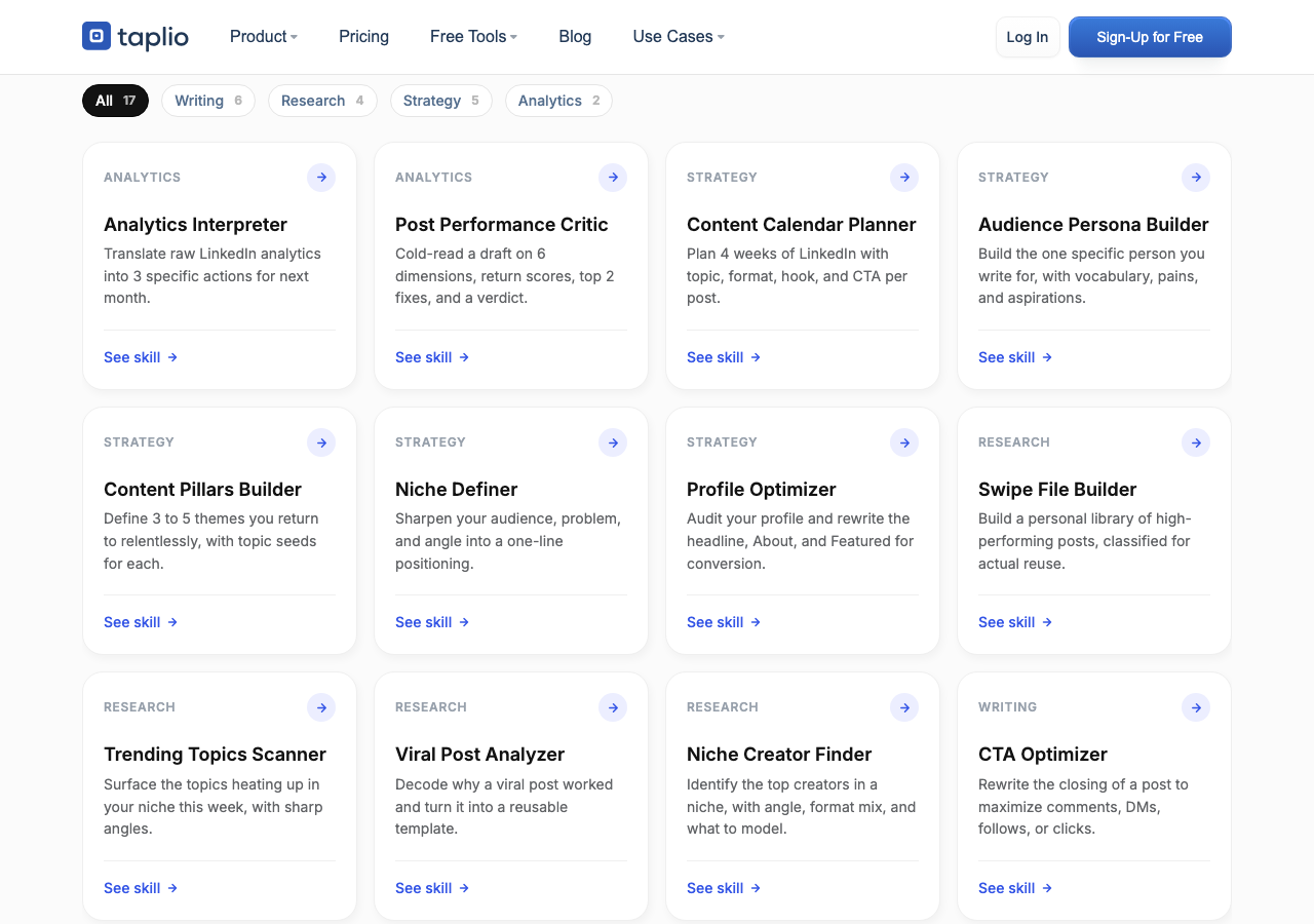 The 17 Claude skills for LinkedIn, grouped by category