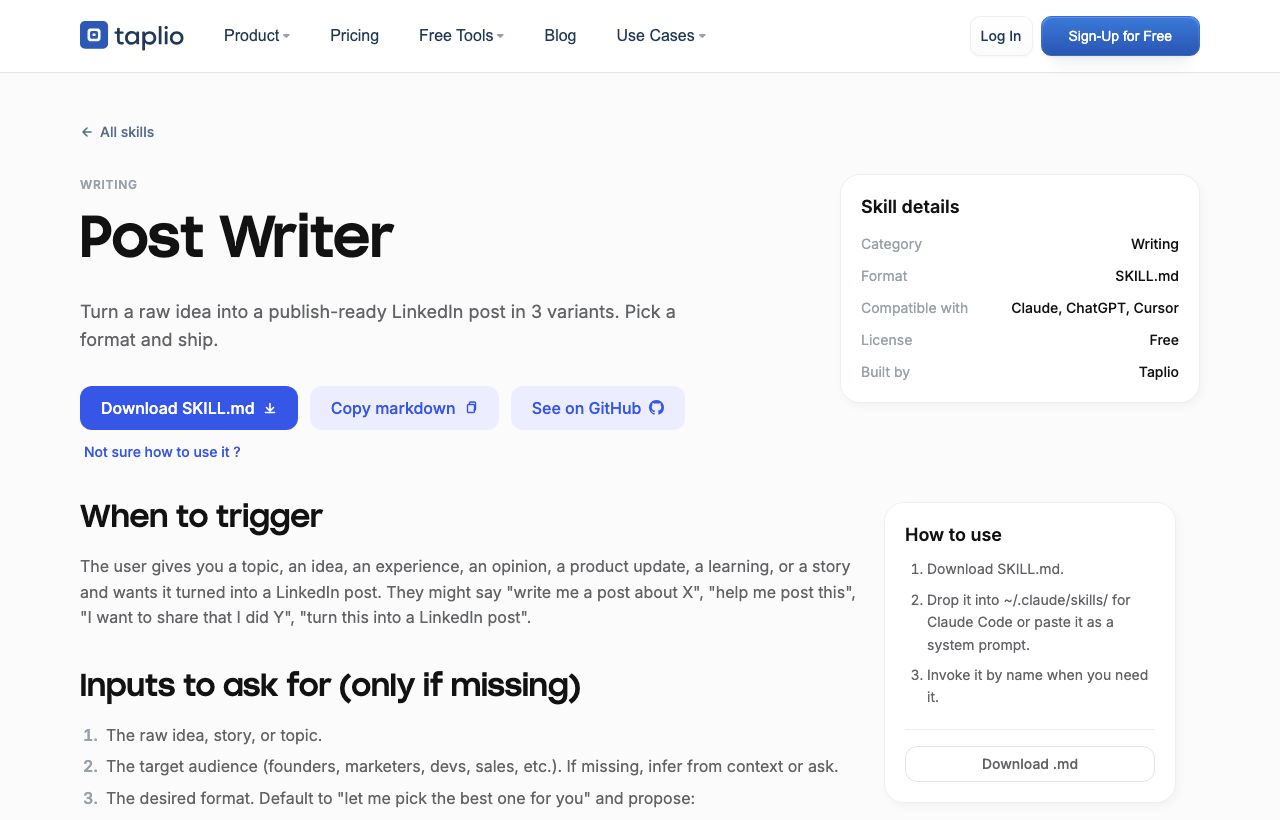A Claude skill detail page with download, copy, and See on GitHub