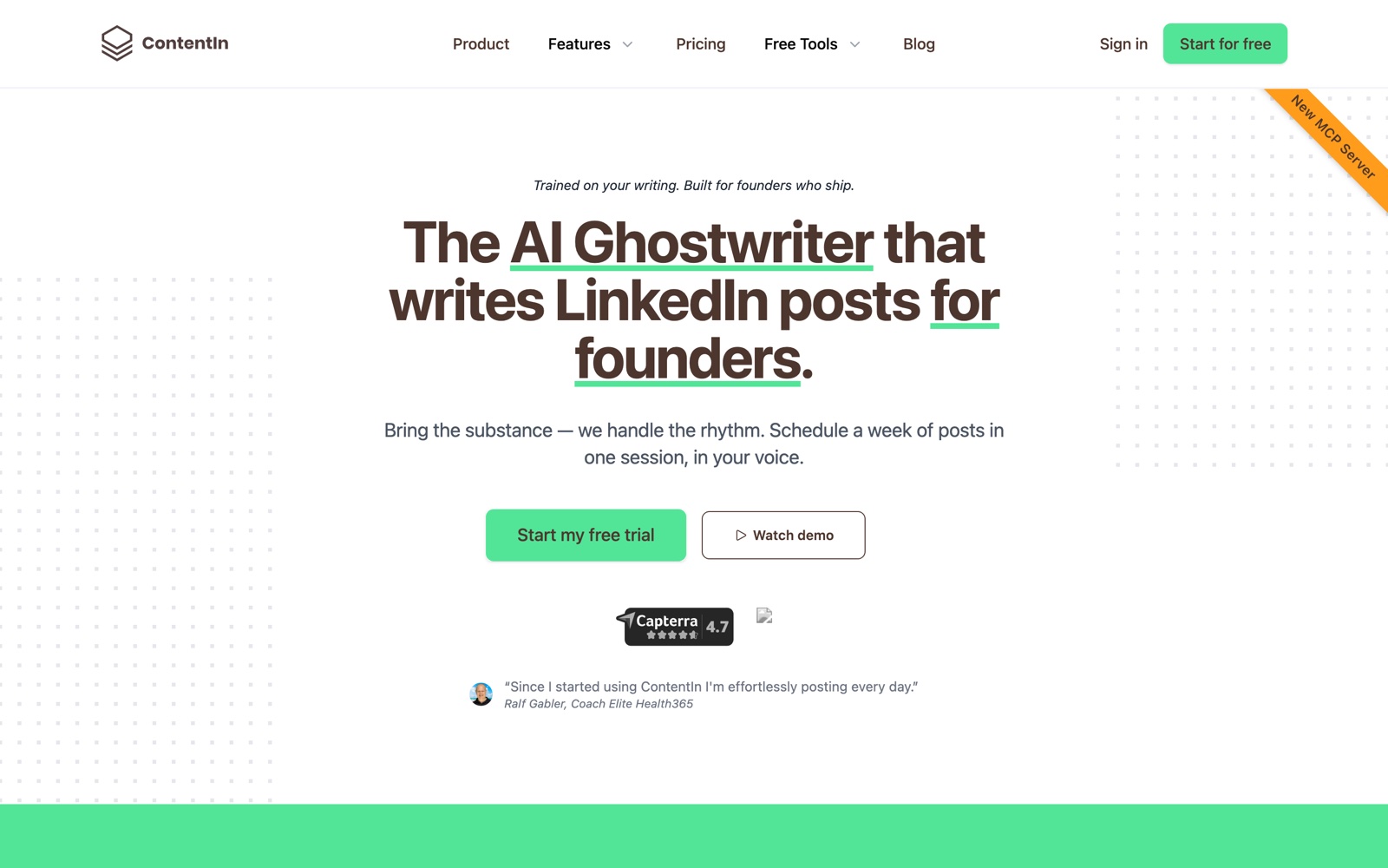 ContentIn homepage positioning its AI ghostwriter for founders