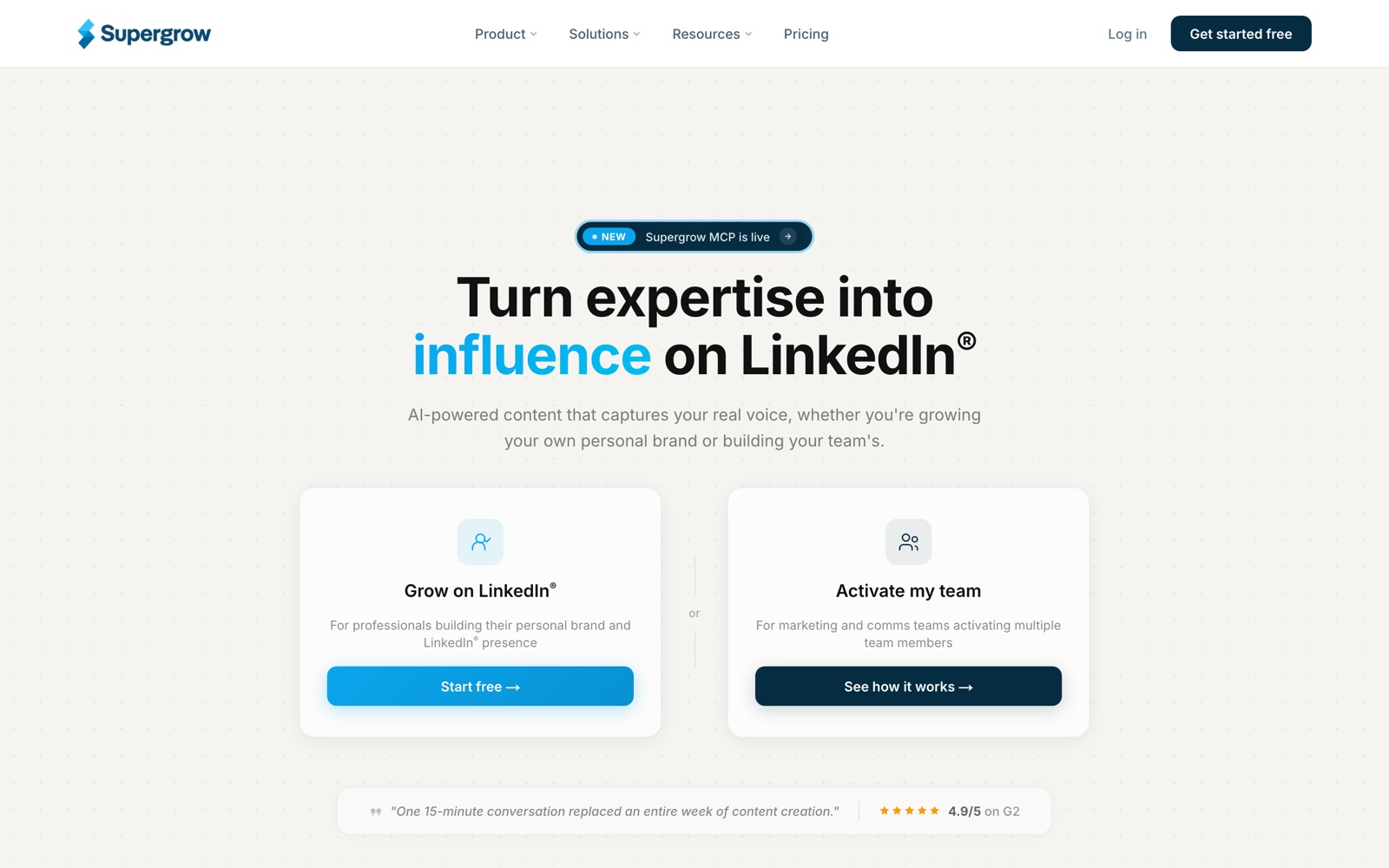 Supergrow homepage showing AI-powered LinkedIn content positioning