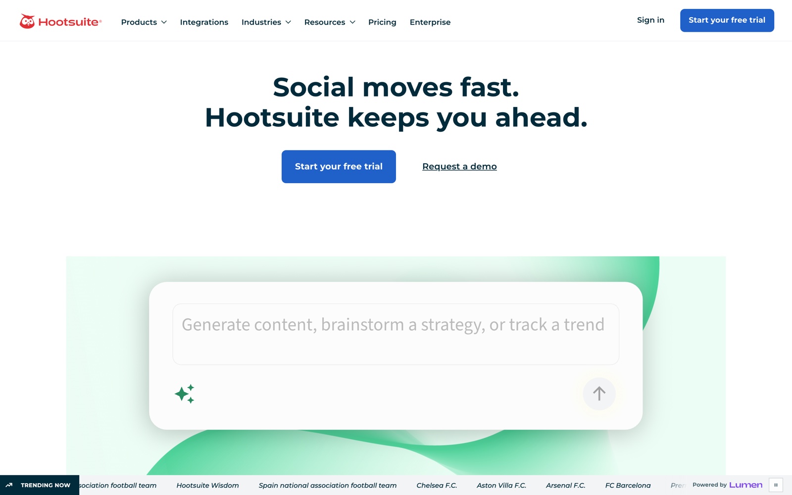 Hootsuite homepage for enterprise social media management