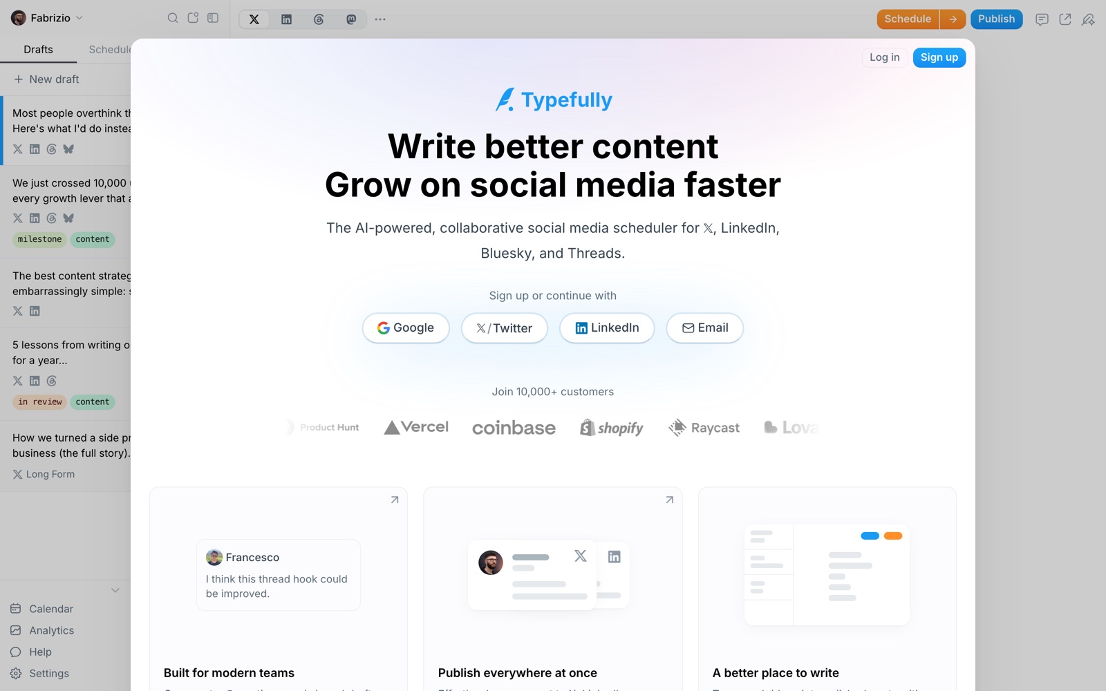 Typefully homepage showing its distraction-free cross-platform editor