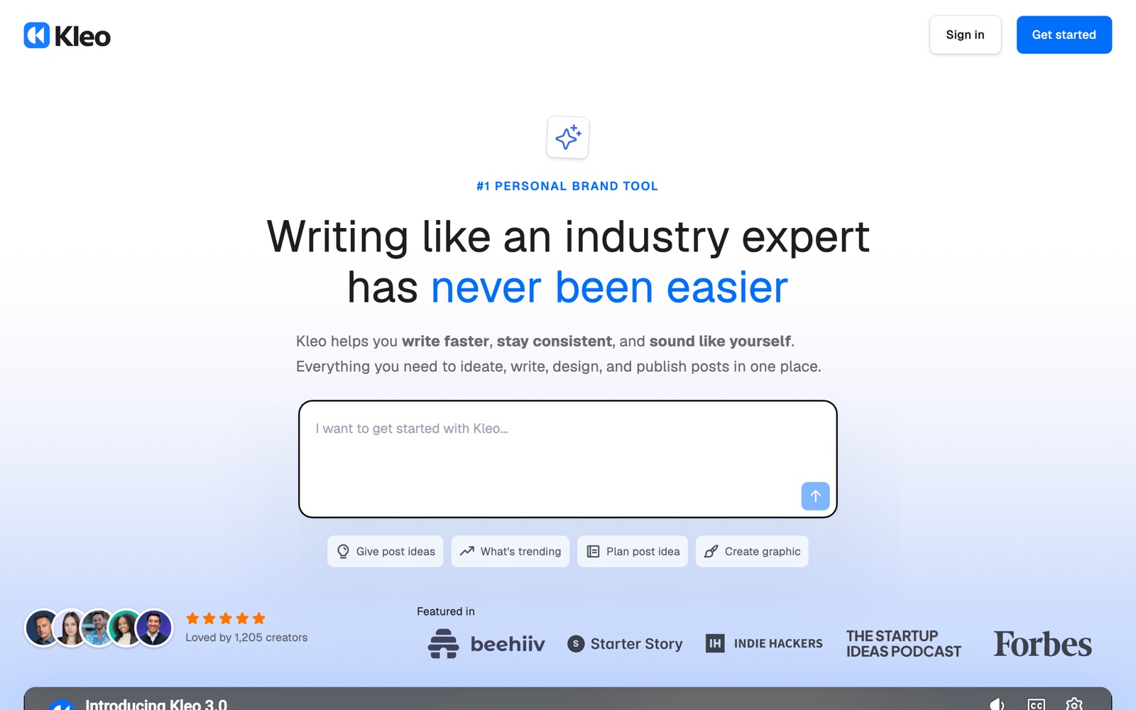 Kleo homepage presenting its personal brand writing assistant