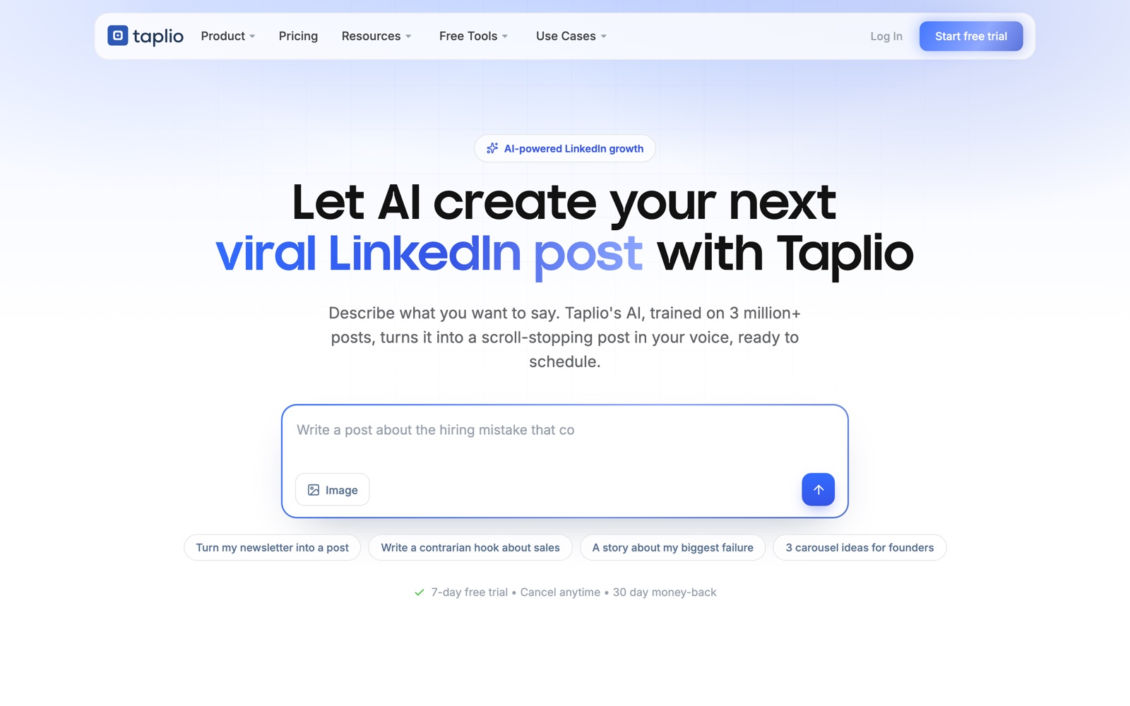 Taplio homepage: AI tool to grow on LinkedIn in 10 minutes a day