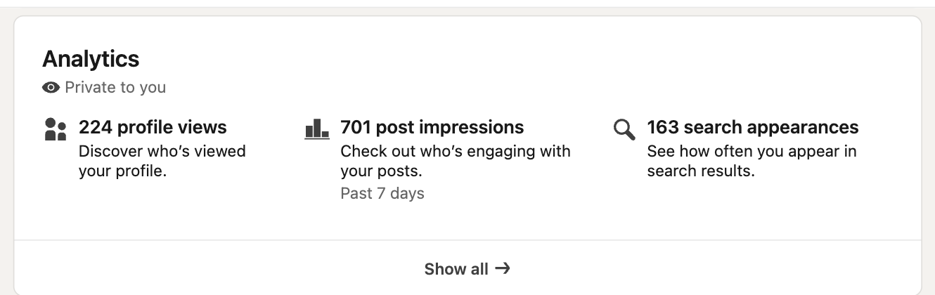 The Analytics block on a LinkedIn profile showing profile views, post impressions and search appearances